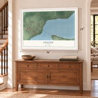 Lillian, Alabama map, 24 x 36 inch print in a white frame above a dresser by a staircase