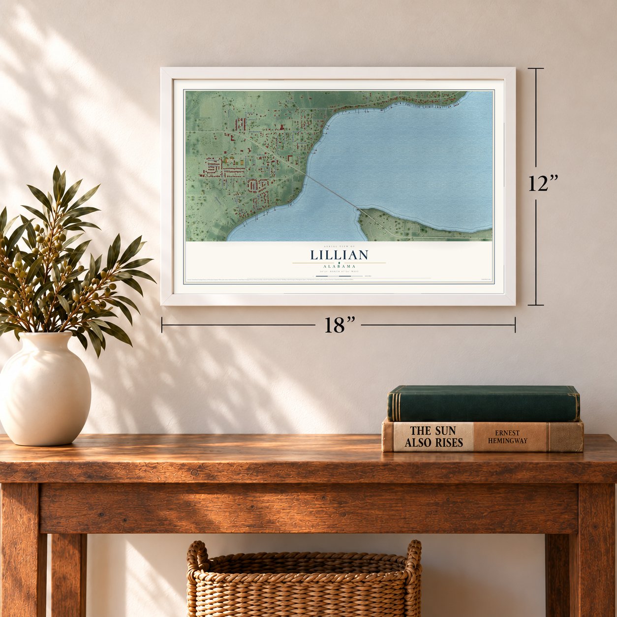 Lillian, Alabama map, 12 x 18 inch print in a white frame in an entryway