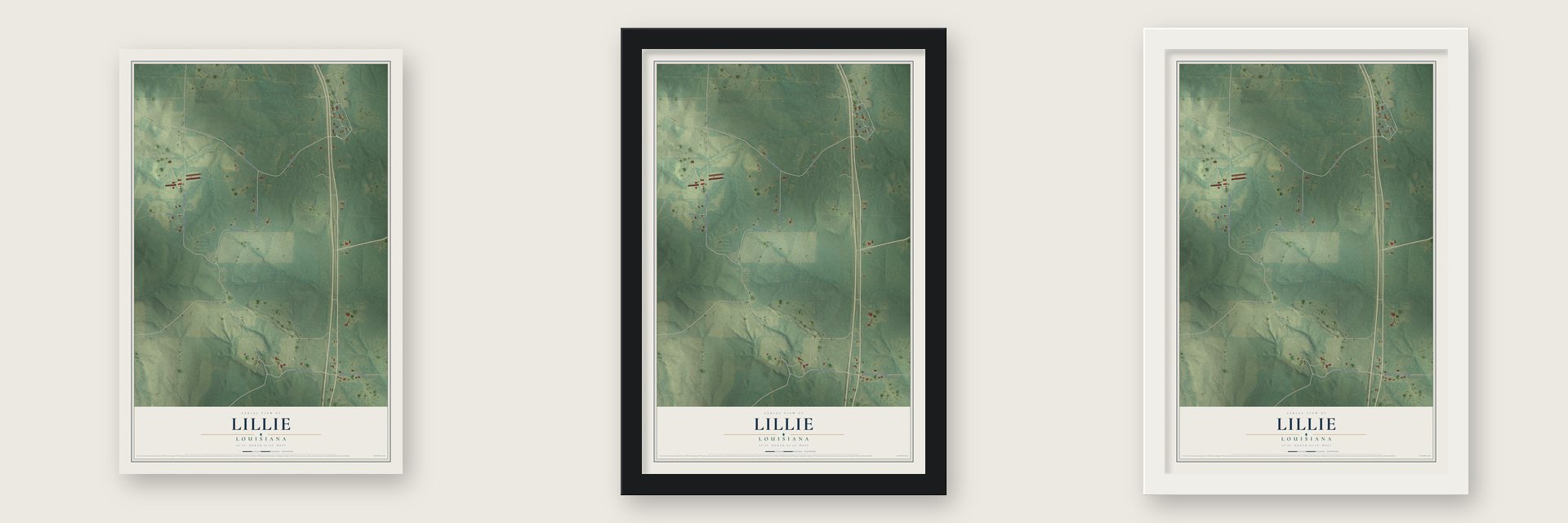 Lillie, Louisiana map unframed, in a black wood frame and in a white wood frame