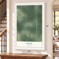 Lillie, Louisiana map, 24 x 36 inch print in a white frame by a staircase