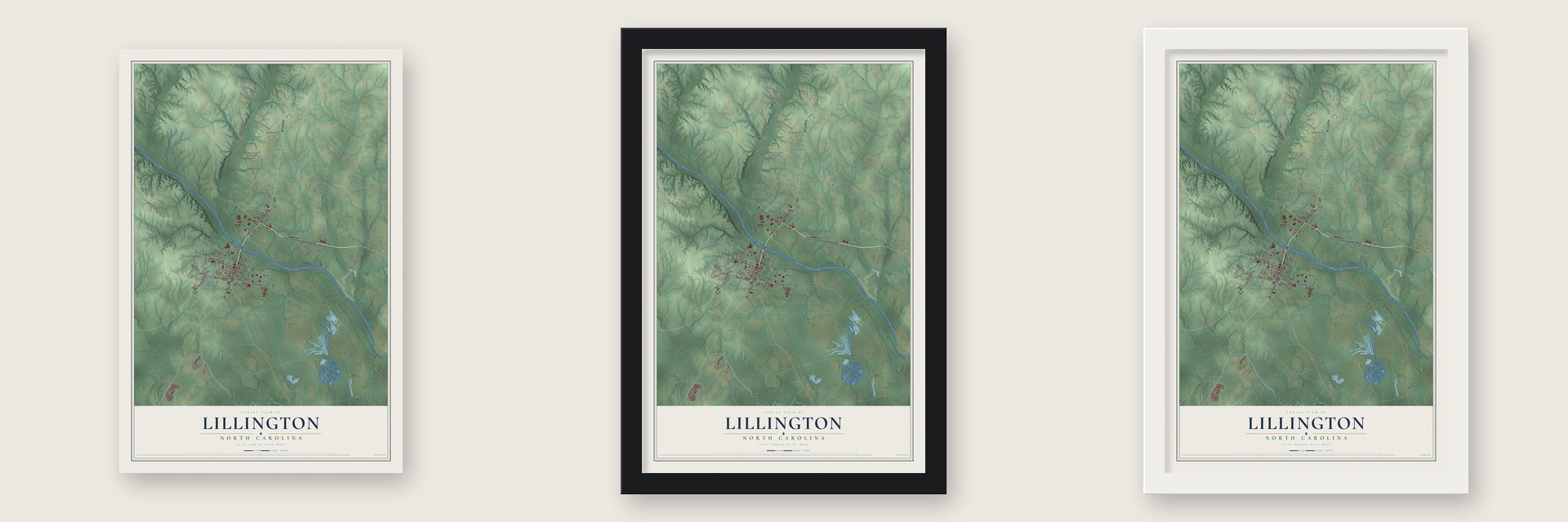 Lillington, North Carolina map unframed, in a black wood frame and in a white wood frame