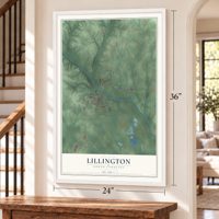 Lillington, North Carolina map, 24 x 36 inch print in a white frame by a staircase
