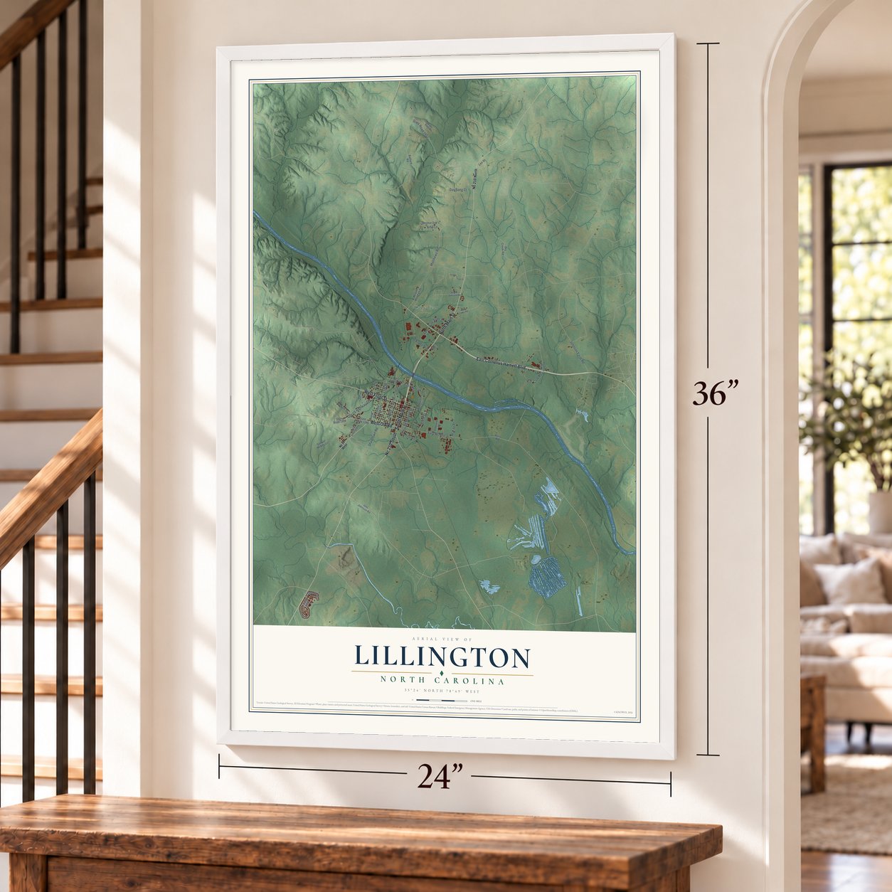 Lillington, North Carolina map, 24 x 36 inch print in a white frame by a staircase