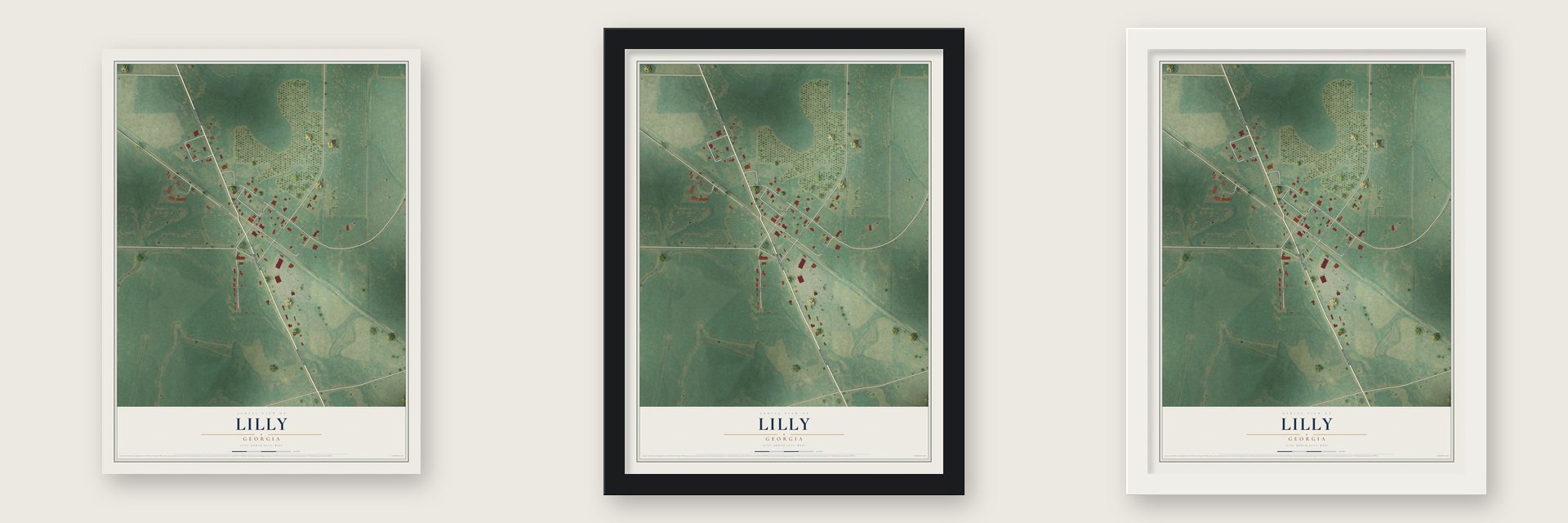 Lilly, Georgia map unframed, in a black wood frame and in a white wood frame