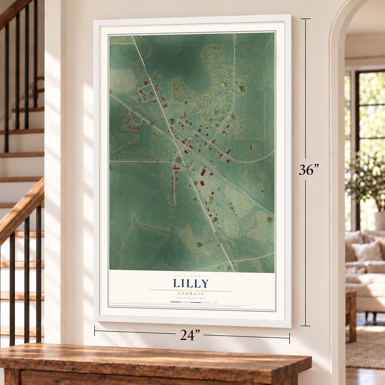Lilly, Georgia map, 24 x 36 inch print in a white frame by a staircase