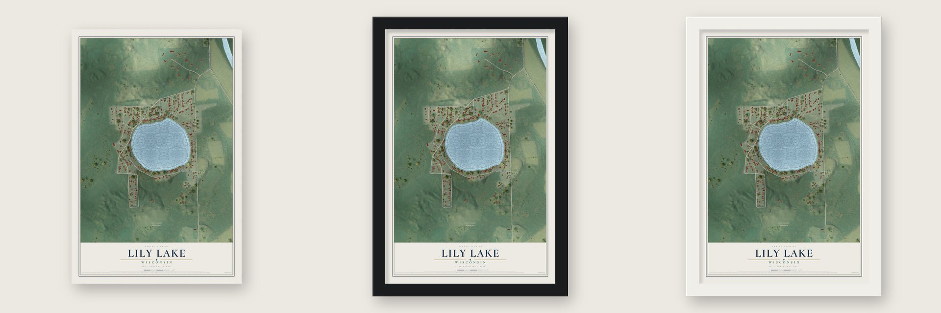 Lily Lake, Wisconsin map unframed, in a black wood frame and in a white wood frame