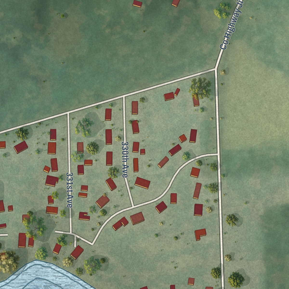 Second close-up of the map of Lily Lake, Wisconsin print showing more streets and buildings