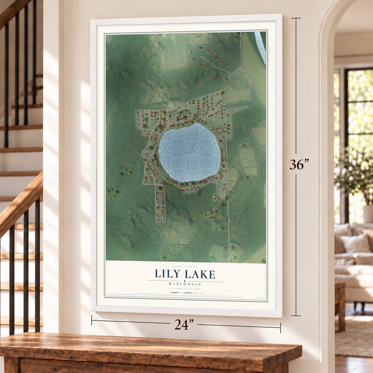 Lily Lake, Wisconsin map, 24 x 36 inch print in a white frame by a staircase