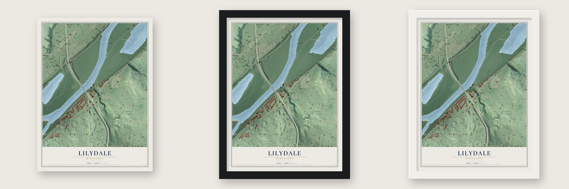 Lilydale, Minnesota map unframed, in a black wood frame and in a white wood frame