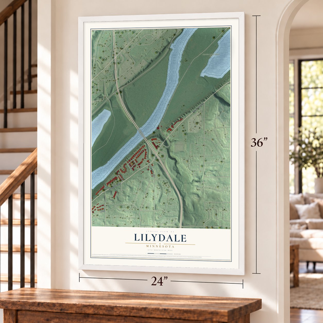 Lilydale, Minnesota map, 24 x 36 inch print in a white frame by a staircase