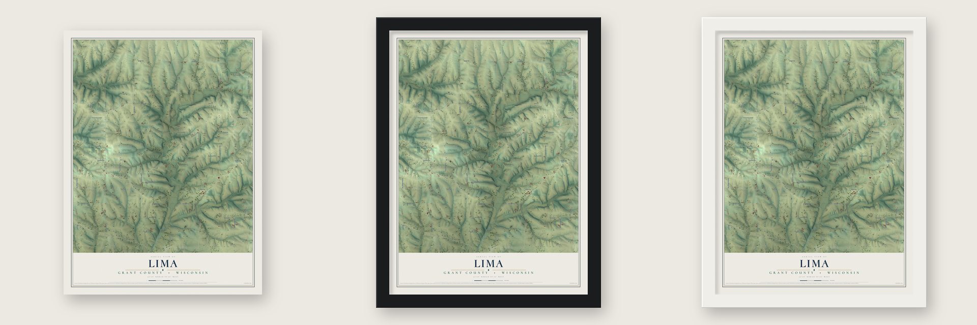 Lima, Grant County, Wisconsin map unframed, in a black wood frame and in a white wood frame