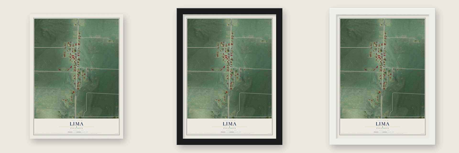 Lima, Illinois map unframed, in a black wood frame and in a white wood frame