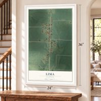 Lima, Illinois map, 24 x 36 inch print in a white frame by a staircase