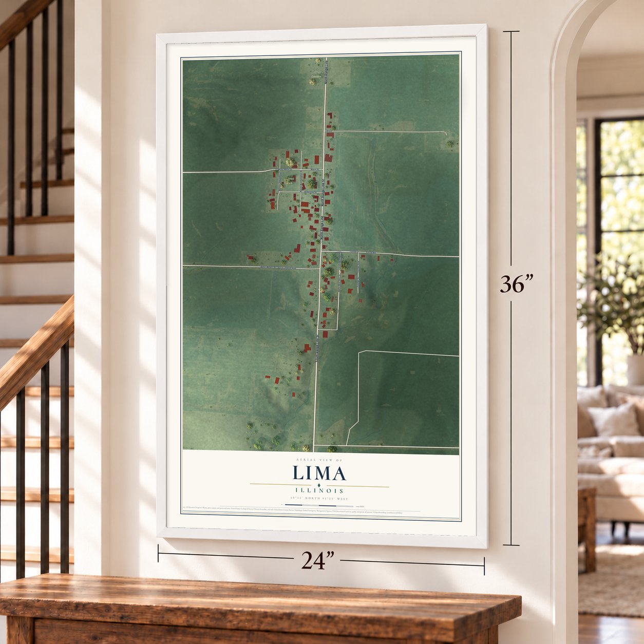Lima, Illinois map, 24 x 36 inch print in a white frame by a staircase