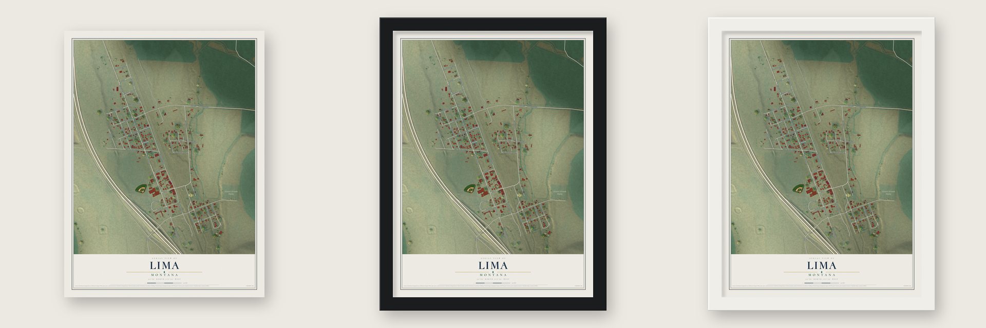 Lima, Montana map unframed, in a black wood frame and in a white wood frame