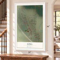 Lima, Montana map, 24 x 36 inch print in a white frame by a staircase