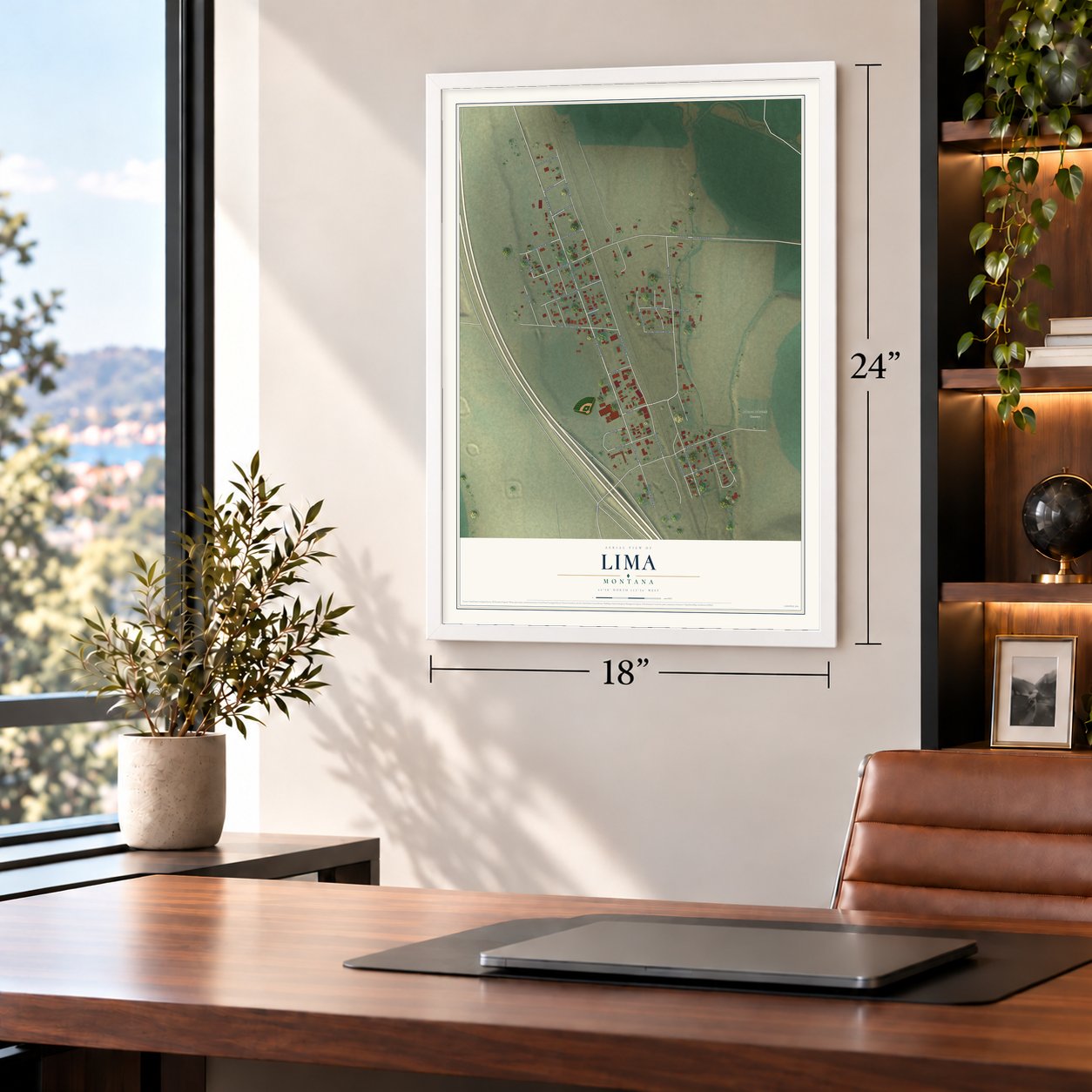 Lima, Montana map, 18 x 24 inch print in a white frame in a home office