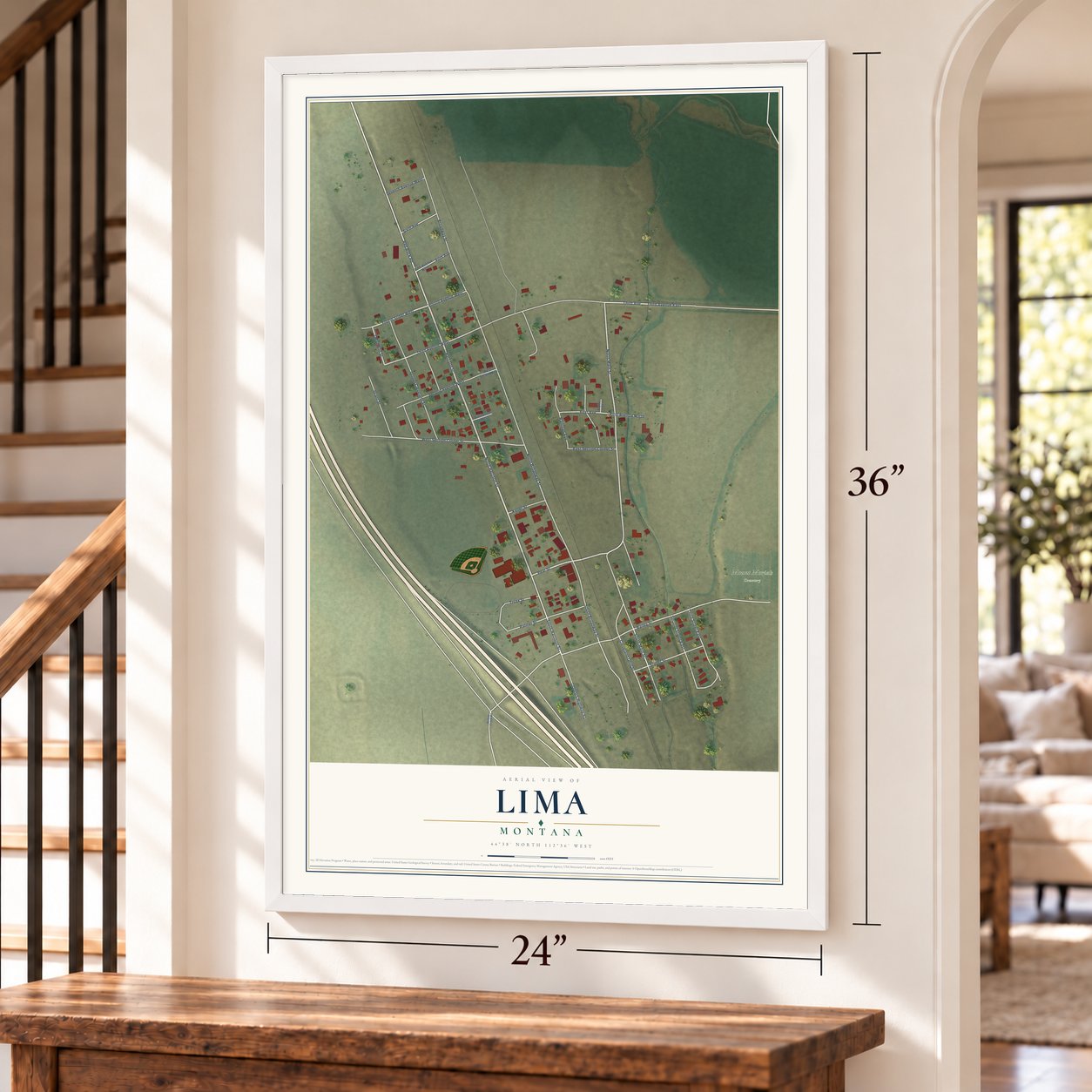 Lima, Montana map, 24 x 36 inch print in a white frame by a staircase