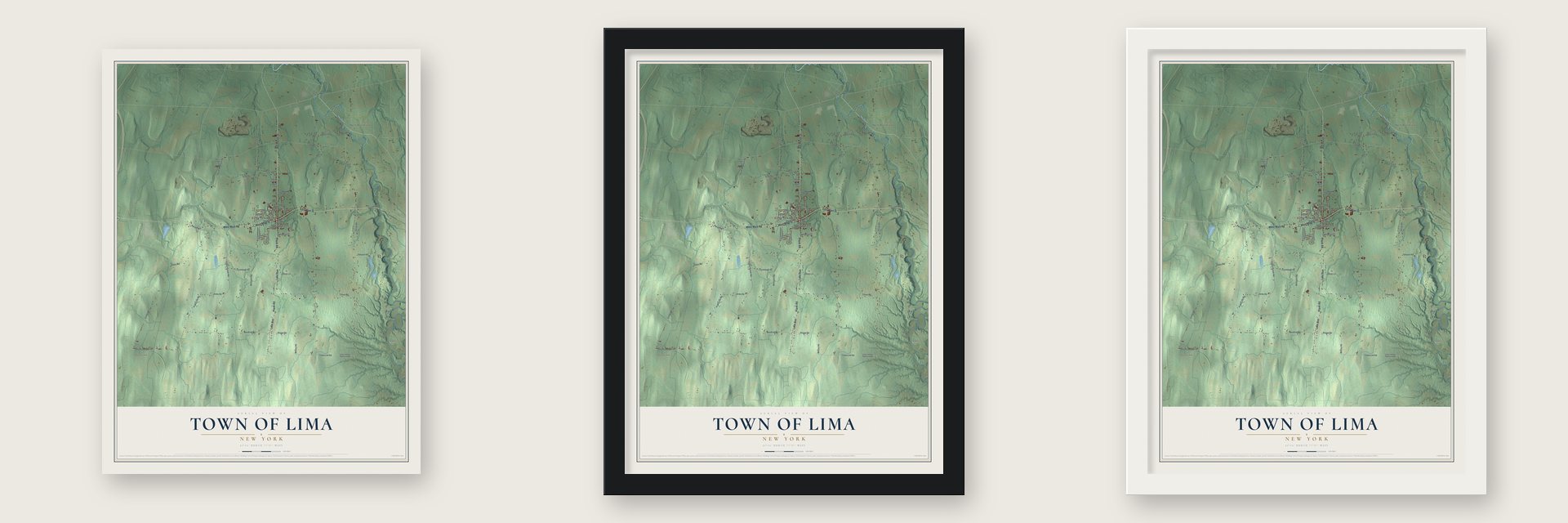 Town of Lima, New York map unframed, in a black wood frame and in a white wood frame
