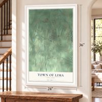 Town of Lima, New York map, 24 x 36 inch print in a white frame by a staircase