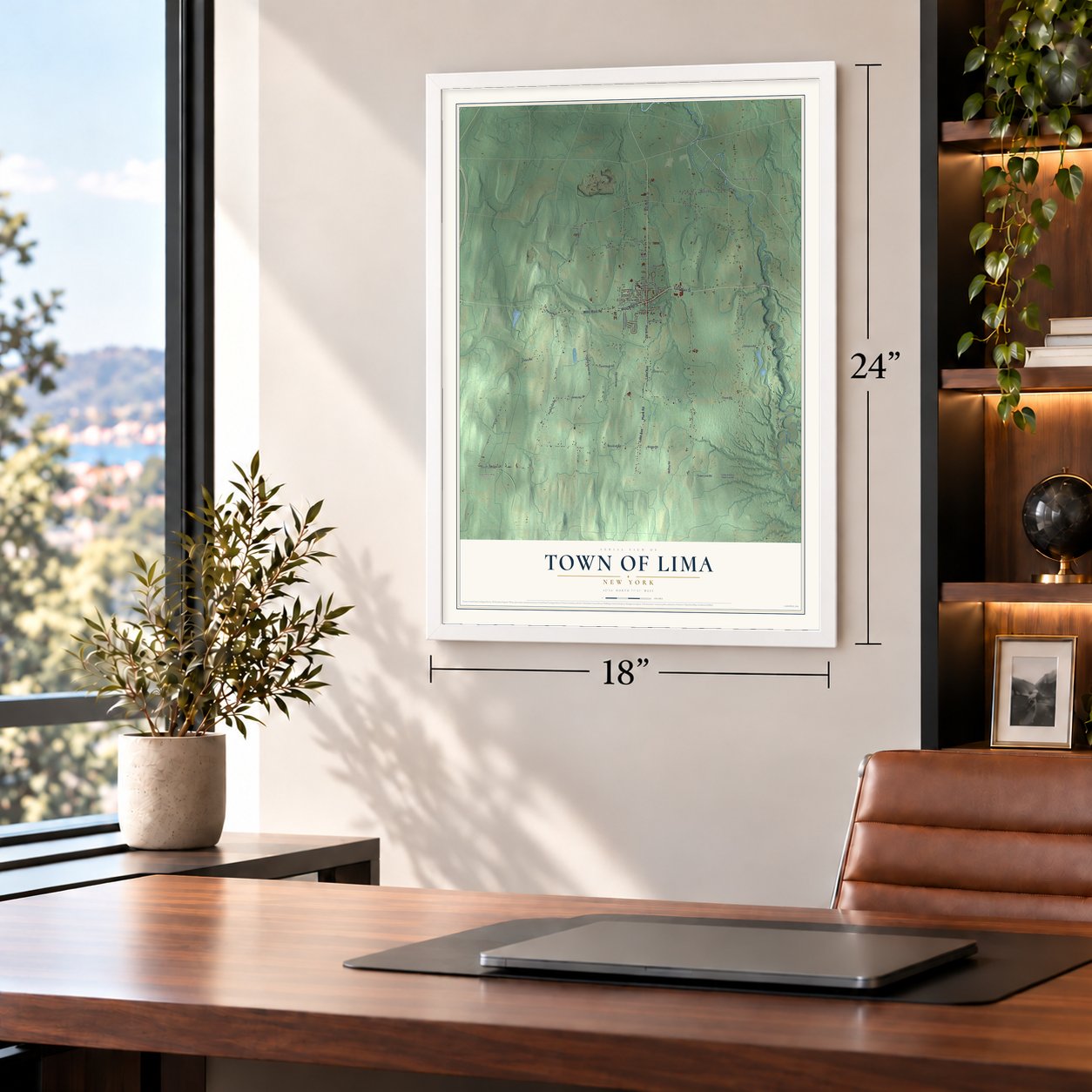 Town of Lima, New York map, 18 x 24 inch print in a white frame in a home office