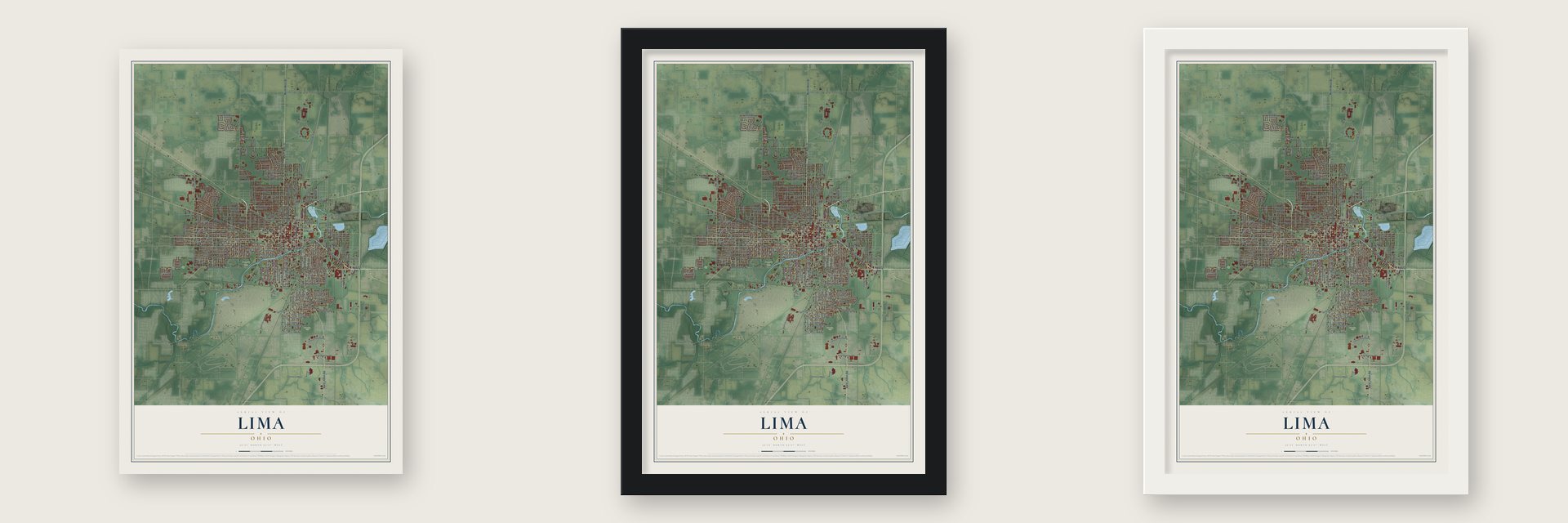 Lima, Ohio map unframed, in a black wood frame and in a white wood frame