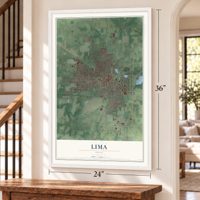 Lima, Ohio map, 24 x 36 inch print in a white frame by a staircase