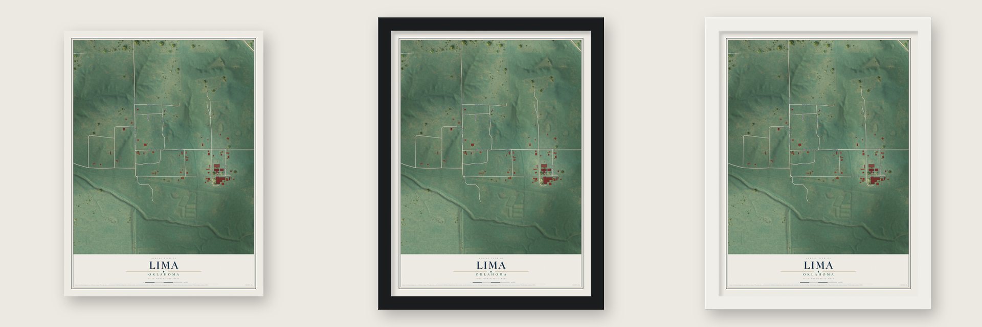 Lima, Oklahoma map unframed, in a black wood frame and in a white wood frame