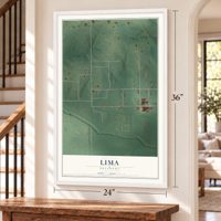 Lima, Oklahoma map, 24 x 36 inch print in a white frame by a staircase