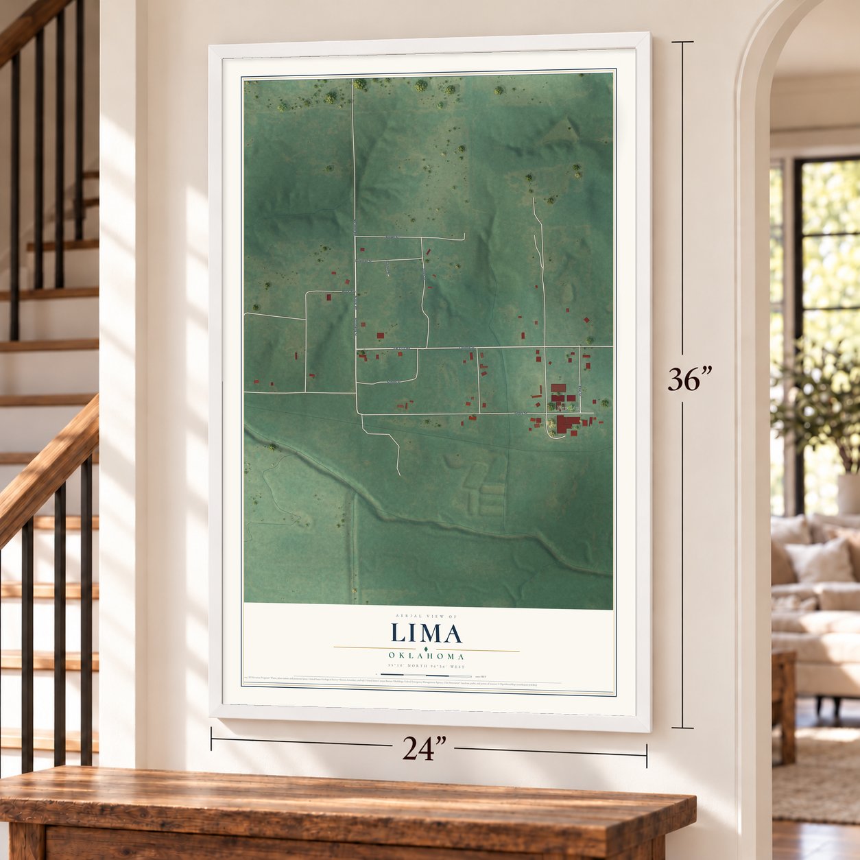 Lima, Oklahoma map, 24 x 36 inch print in a white frame by a staircase