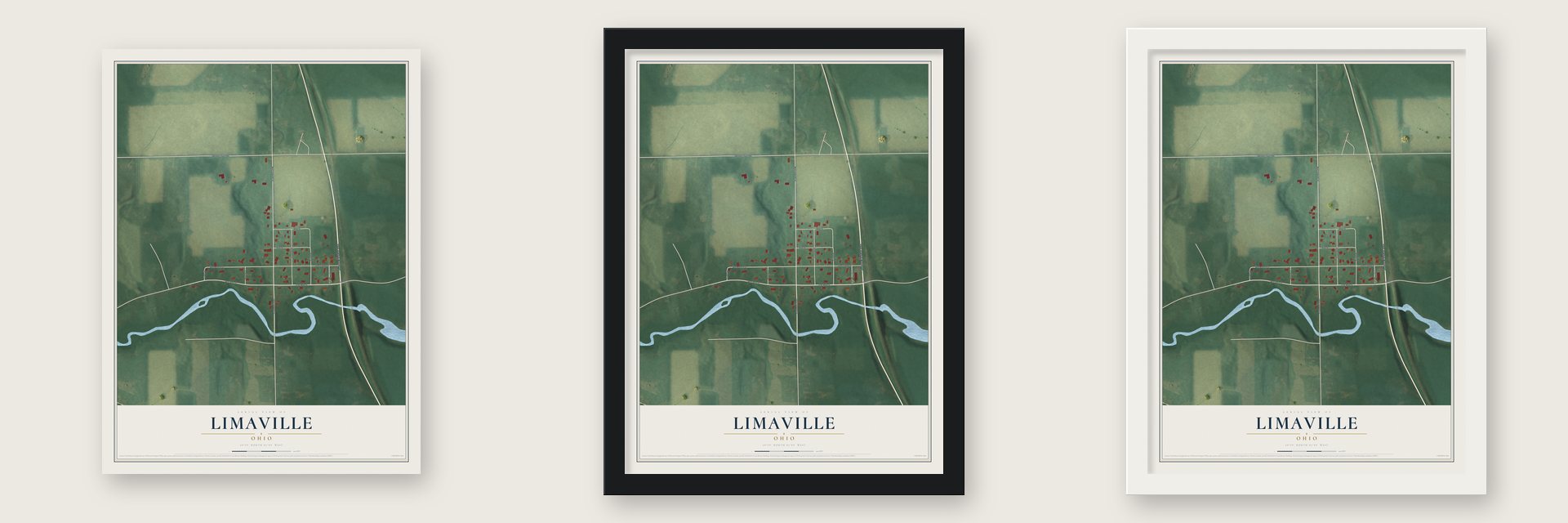 Limaville, Ohio map unframed, in a black wood frame and in a white wood frame