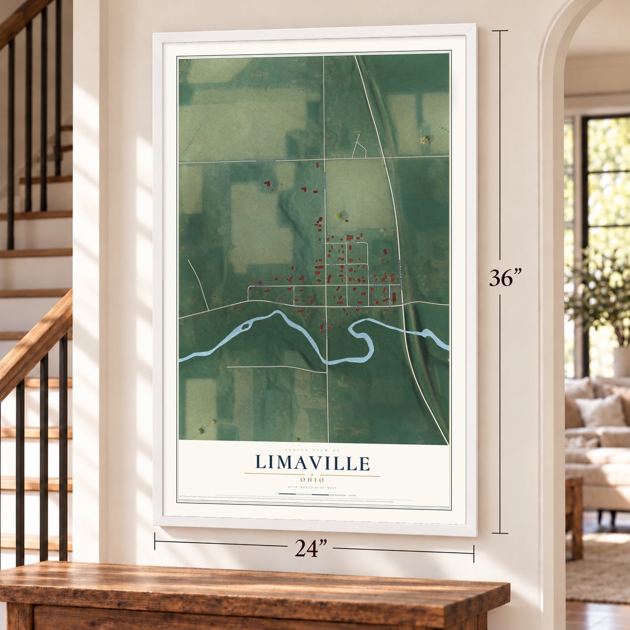 Limaville, Ohio map, 24 x 36 inch print in a white frame by a staircase