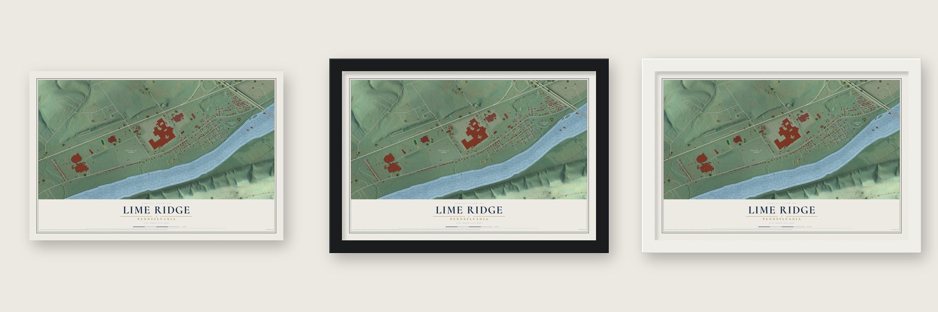 Lime Ridge, Pennsylvania map unframed, in a black wood frame and in a white wood frame