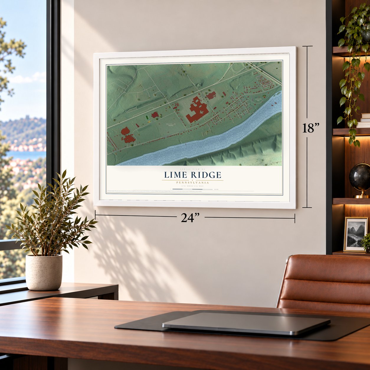 Lime Ridge, Pennsylvania map, 18 x 24 inch print in a white frame in a home office