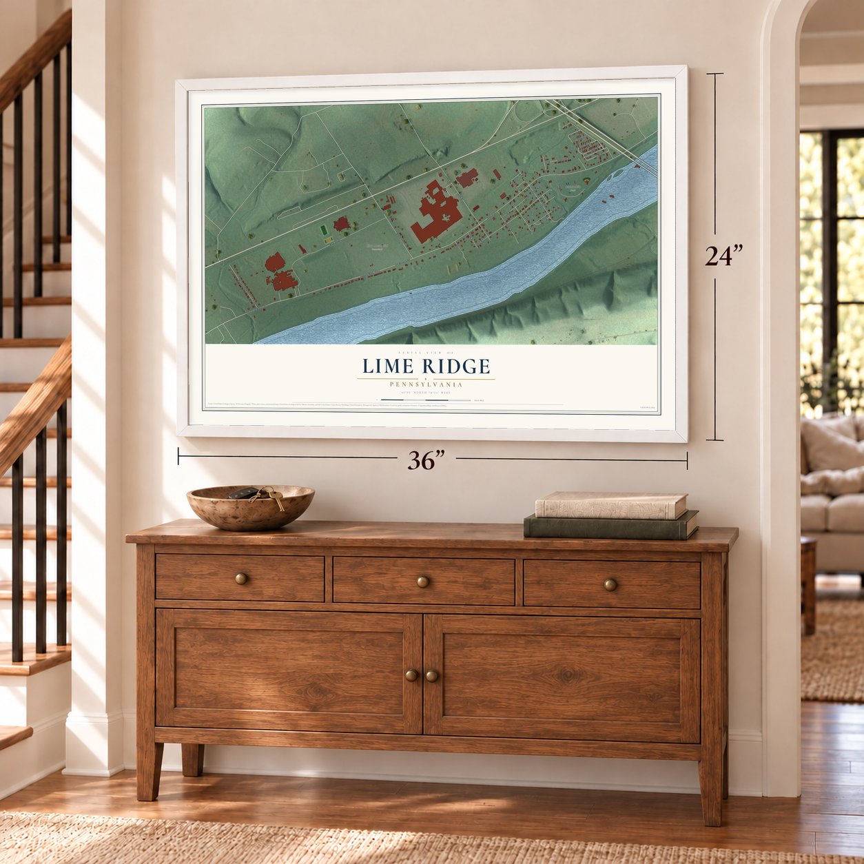 Lime Ridge, Pennsylvania map, 24 x 36 inch print in a white frame above a dresser by a staircase