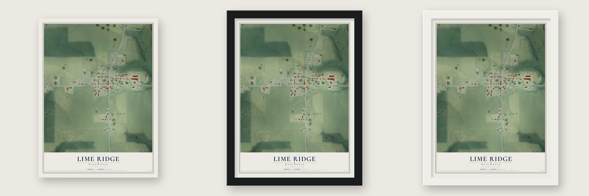 Lime Ridge, Wisconsin map unframed, in a black wood frame and in a white wood frame