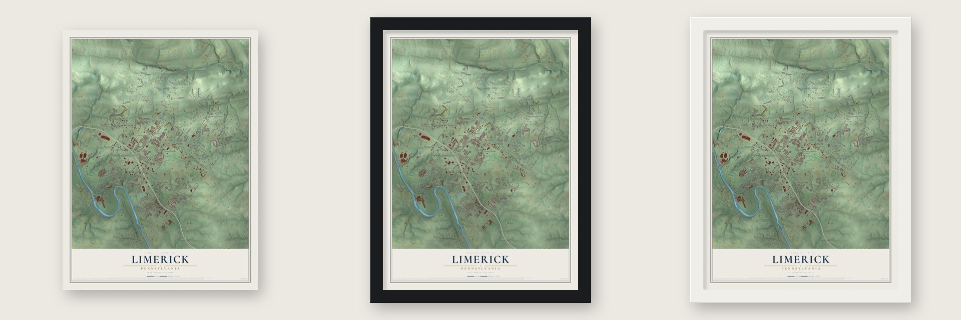 Limerick, Pennsylvania map unframed, in a black wood frame and in a white wood frame