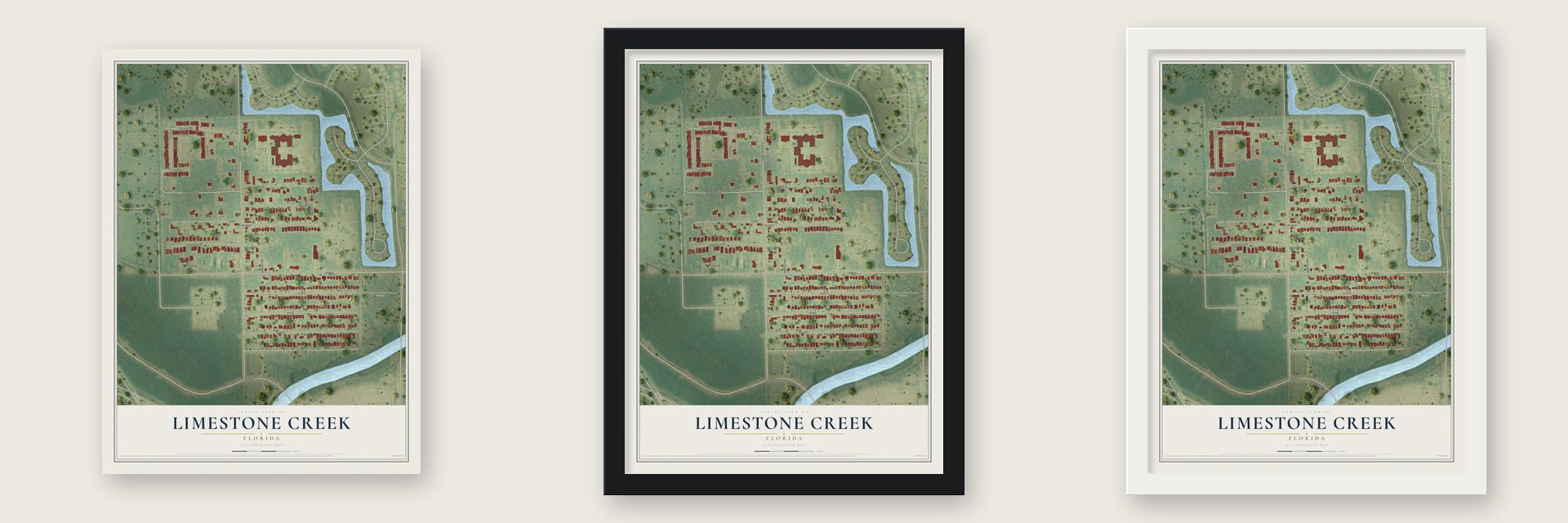 Limestone Creek, Florida map unframed, in a black wood frame and in a white wood frame