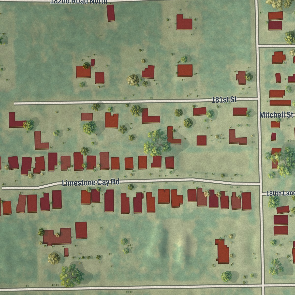 Second close-up of the map of Limestone Creek, Florida print showing more streets and buildings