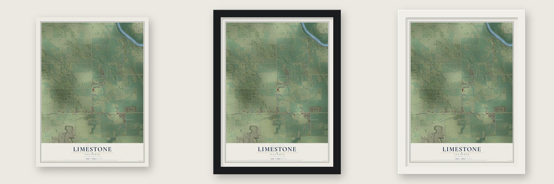 Limestone, Illinois map unframed, in a black wood frame and in a white wood frame