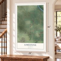Limestone, Illinois map, 24 x 36 inch print in a white frame by a staircase