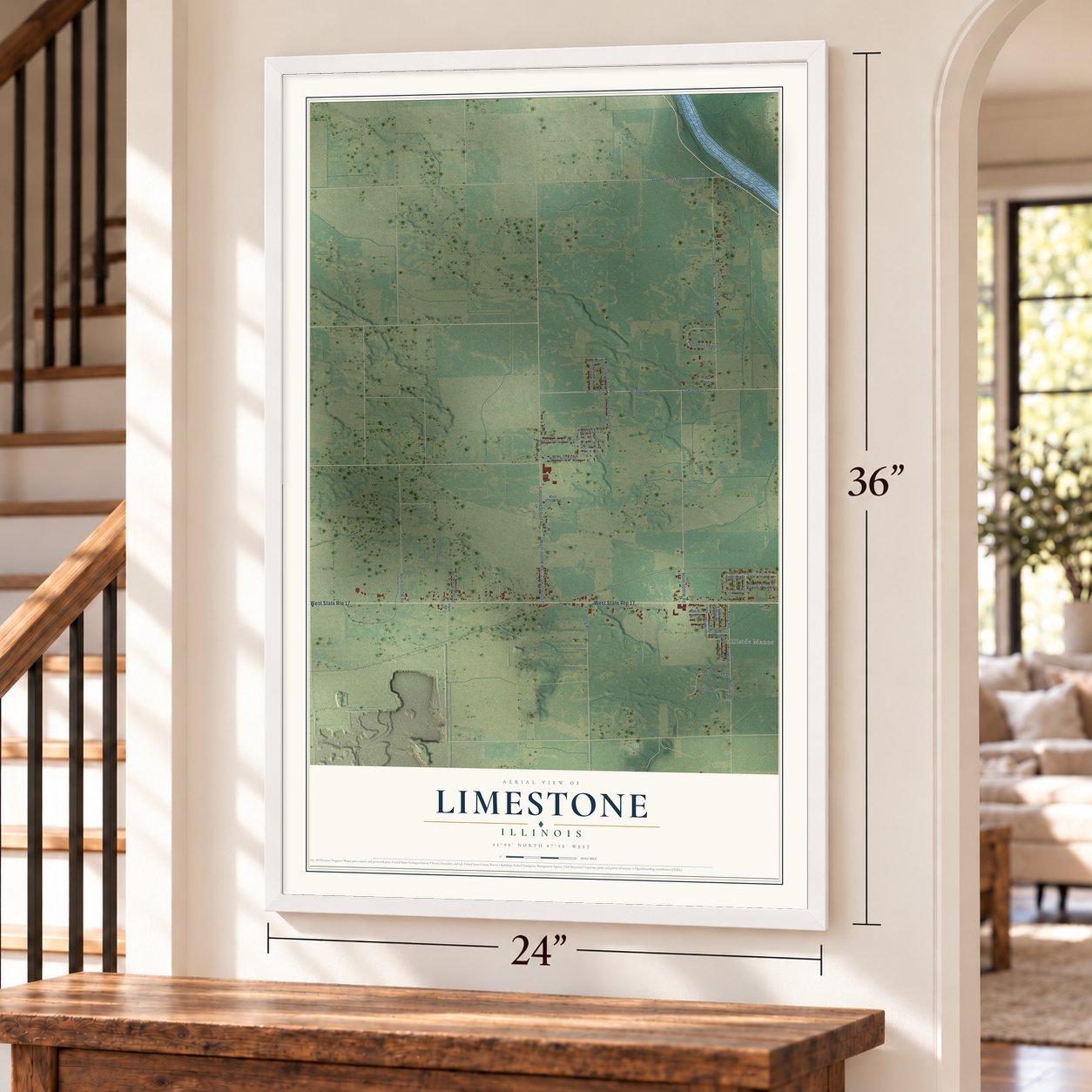 Limestone, Illinois map, 24 x 36 inch print in a white frame by a staircase