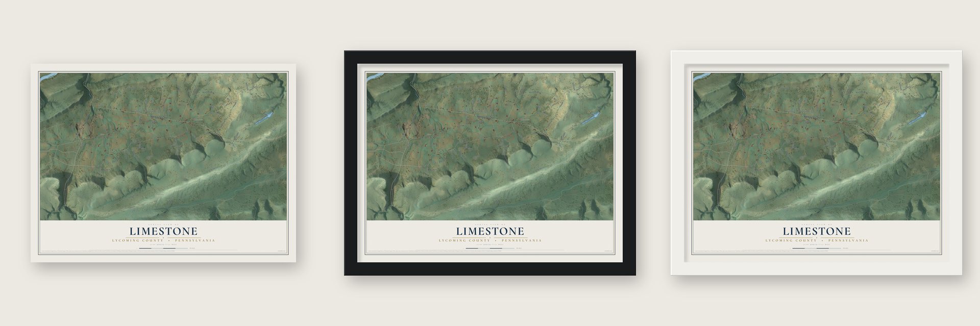 Limestone, Lycoming County, Pennsylvania map unframed, in a black wood frame and in a white wood frame