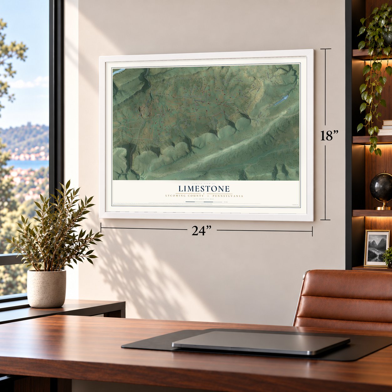 Limestone, Lycoming County, Pennsylvania map, 18 x 24 inch print in a white frame in a home office