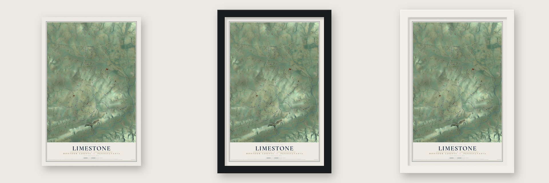 Limestone, Montour County, Pennsylvania map unframed, in a black wood frame and in a white wood frame