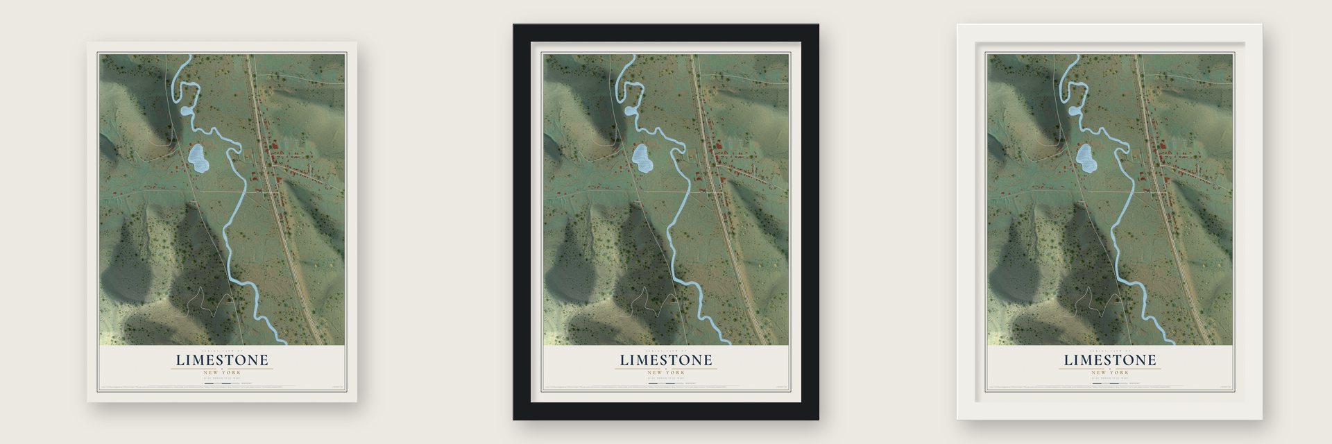 Limestone, New York map unframed, in a black wood frame and in a white wood frame