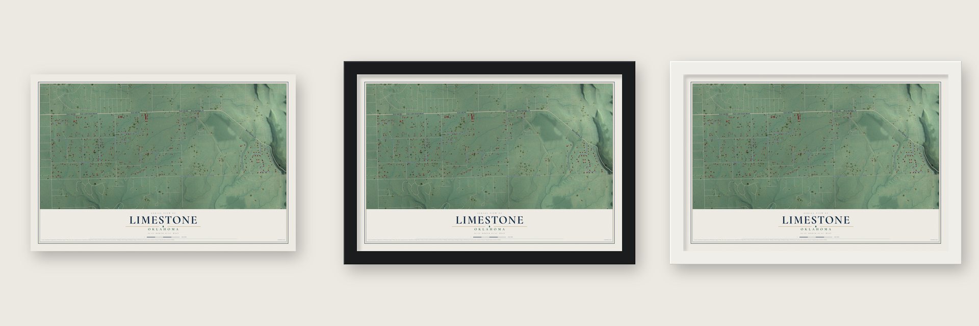 Limestone, Oklahoma map unframed, in a black wood frame and in a white wood frame