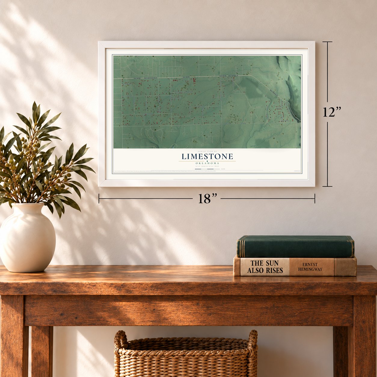 Limestone, Oklahoma map, 12 x 18 inch print in a white frame in an entryway