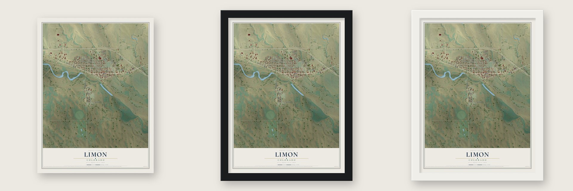 Limon, Colorado map unframed, in a black wood frame and in a white wood frame