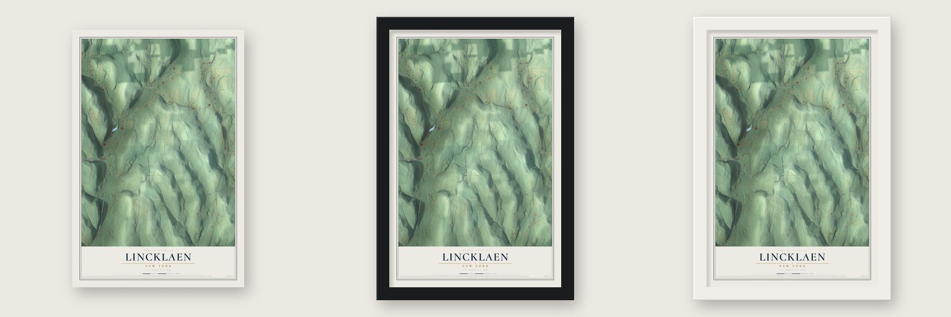 Lincklaen, New York map unframed, in a black wood frame and in a white wood frame